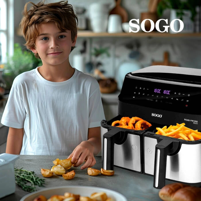 Friggitrice ad aria doppia 9L con 2 cestelli indipendenti, 12 programmi e temperatura 200°C 1750W per cucinare 2 piatti - Sogo
