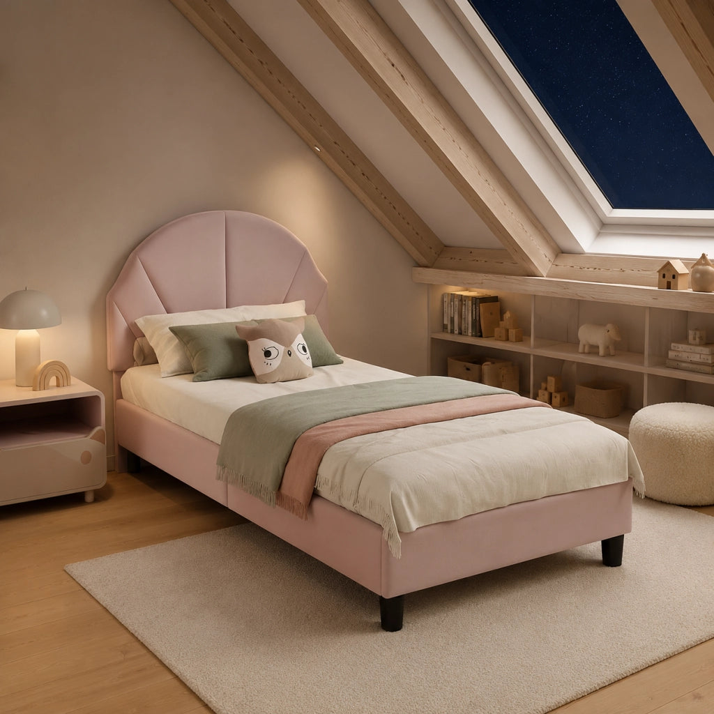 Letto per bambini 90x200 cm; letto singolo imbottito con testiera regolabile e rete a doghe per bambini;adolescenti; velluto; rosa; senza materasso