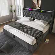 Letto matrimoniale 160x200 cm con contenitore idraulico; LED e USB-C; lino grigio