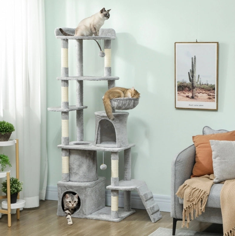 Albero tiragraffi 60x40x170 cm in poliestere grigio chiaro con tunnel, per piccoli spazi –