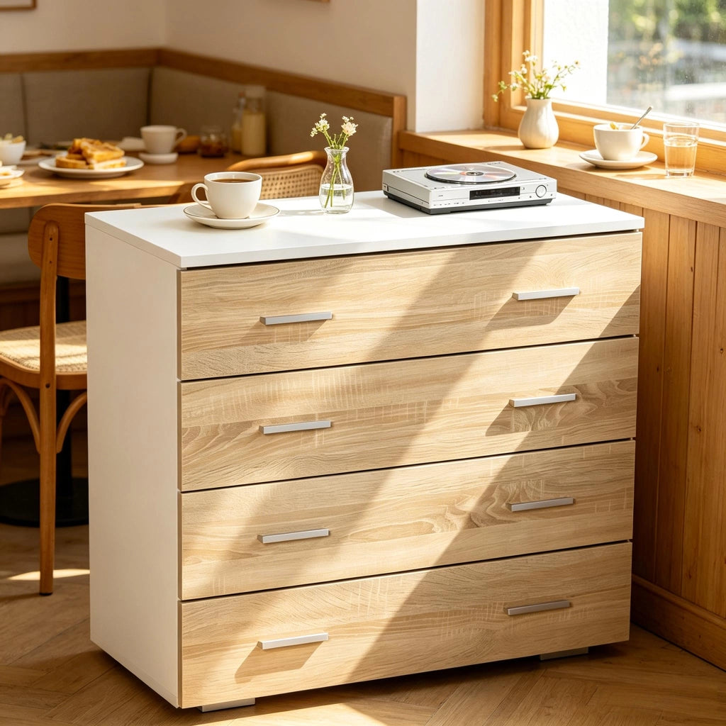 Comodino/Cassettiera moderna a 4 cassetti bianco e legno chiaro