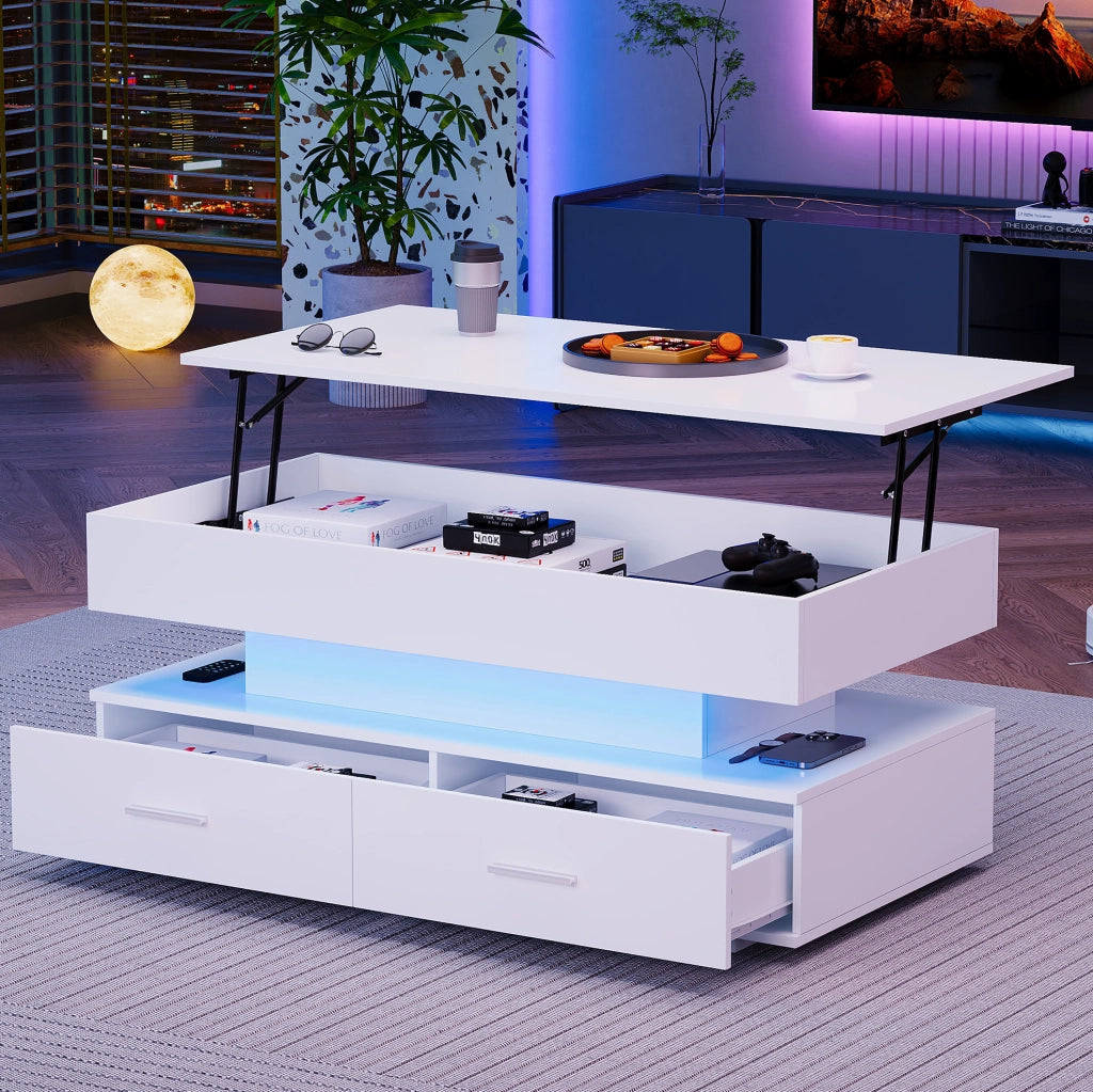 Tavolino da caffè bianco 100x50x44 cm con alzata idraulica, LED integrato, Bluetooth, 2 cassetti e vano aperto