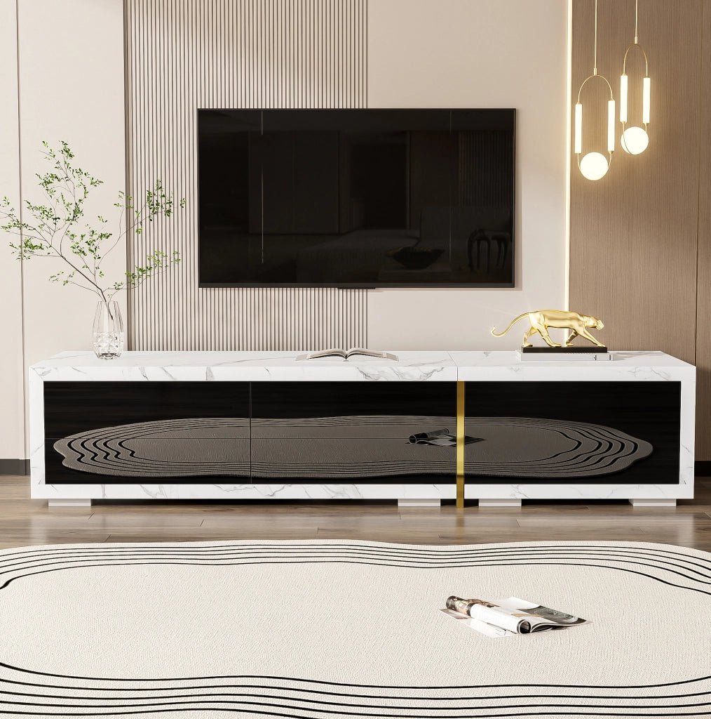 Mobile TV estensibile 140-260 cm girevole in MDF e pannello truciolare nero e marmo bianco