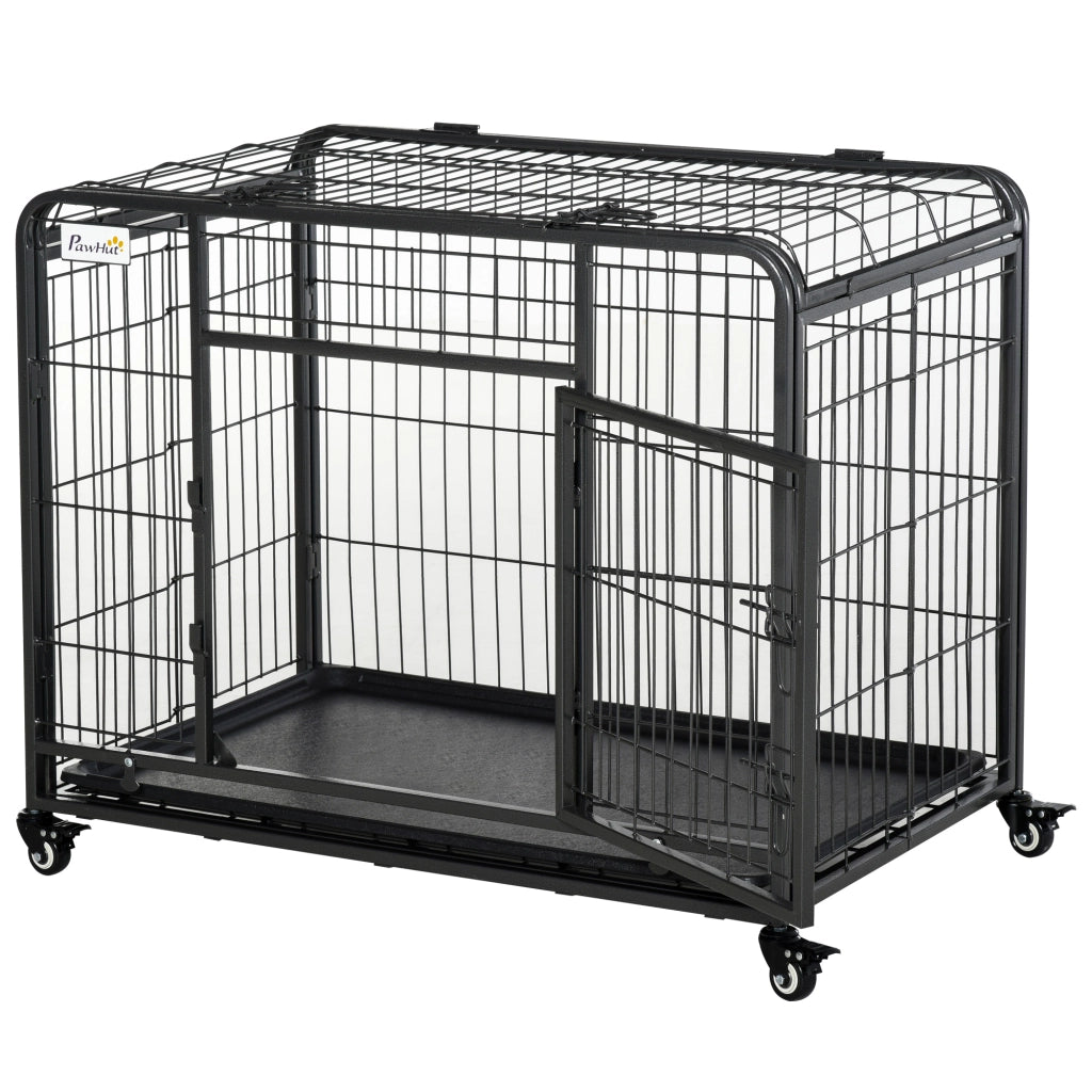 Kennel per Cani Pieghevole a Doppia Porta con Blocco, 4 Ruote con Freno e Fondo Rimovibile, 94x58x69.5 cm, Grigio