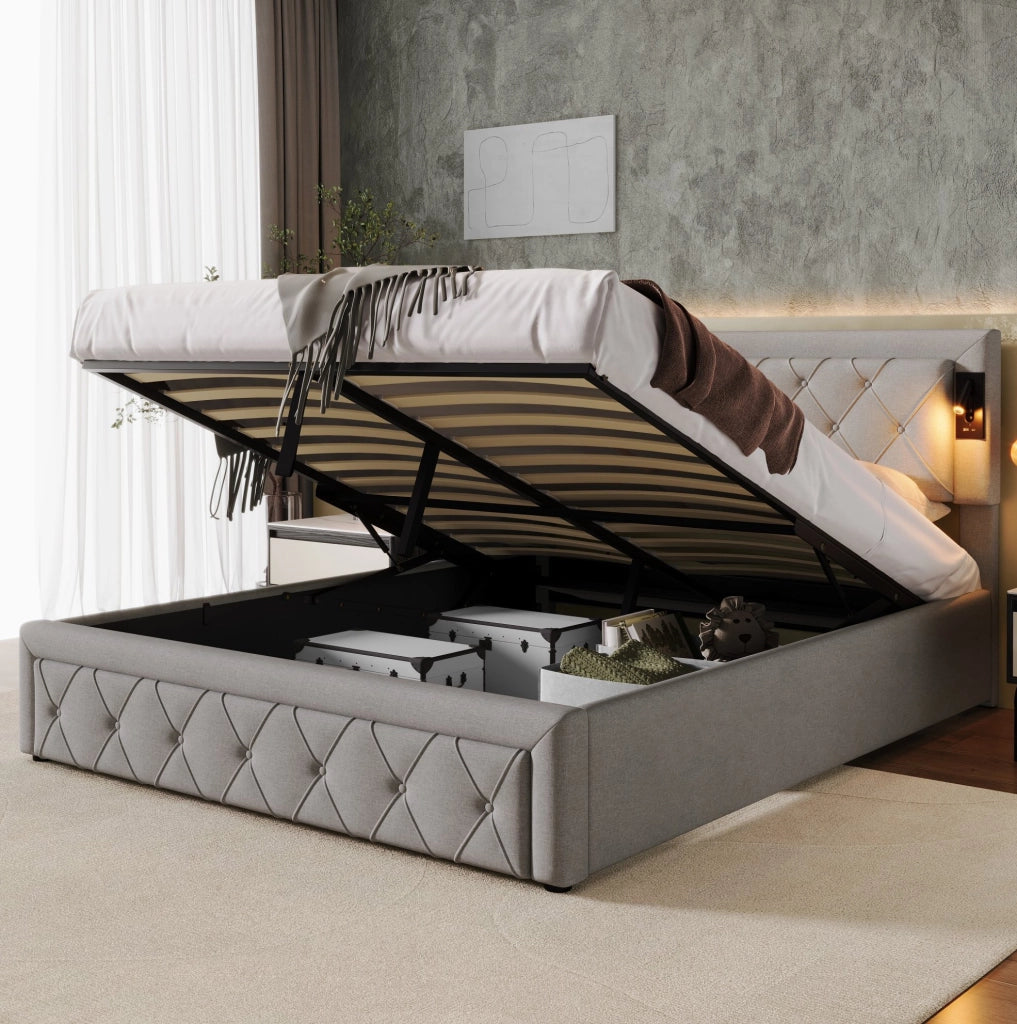 Letto imbottito contenitore con Downlight e USB; rete a doghe in legno; lino grigio