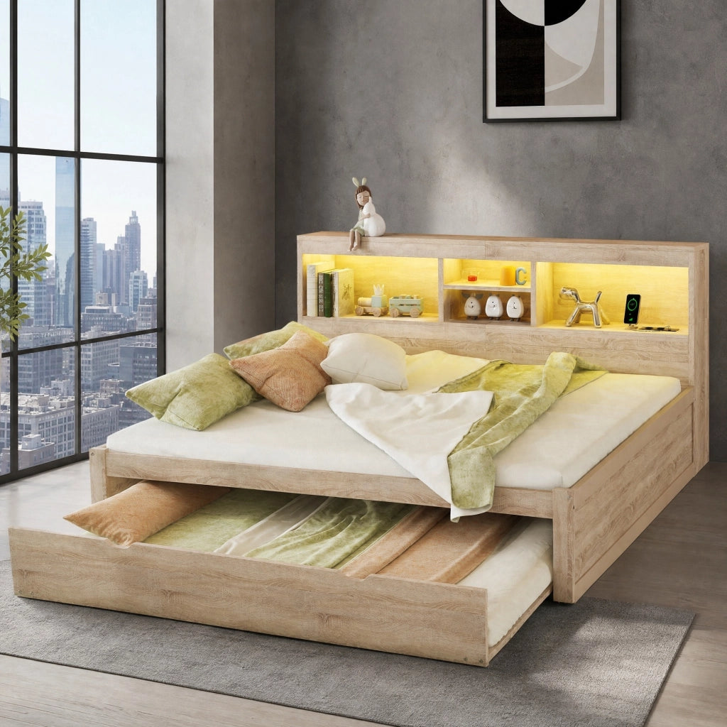 Letto con letto estraibile 140 × 200 cm con LED; prese USB e vano laterale in truciolare e MDF naturale