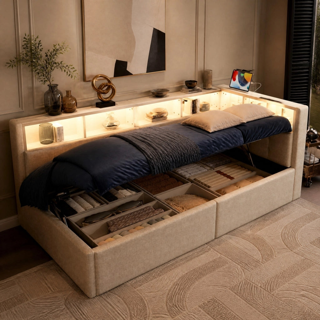 Daybed 90x200 cm Beige con LED, USB-C, Vani Portaoggetti e Sollevamento Idraulico