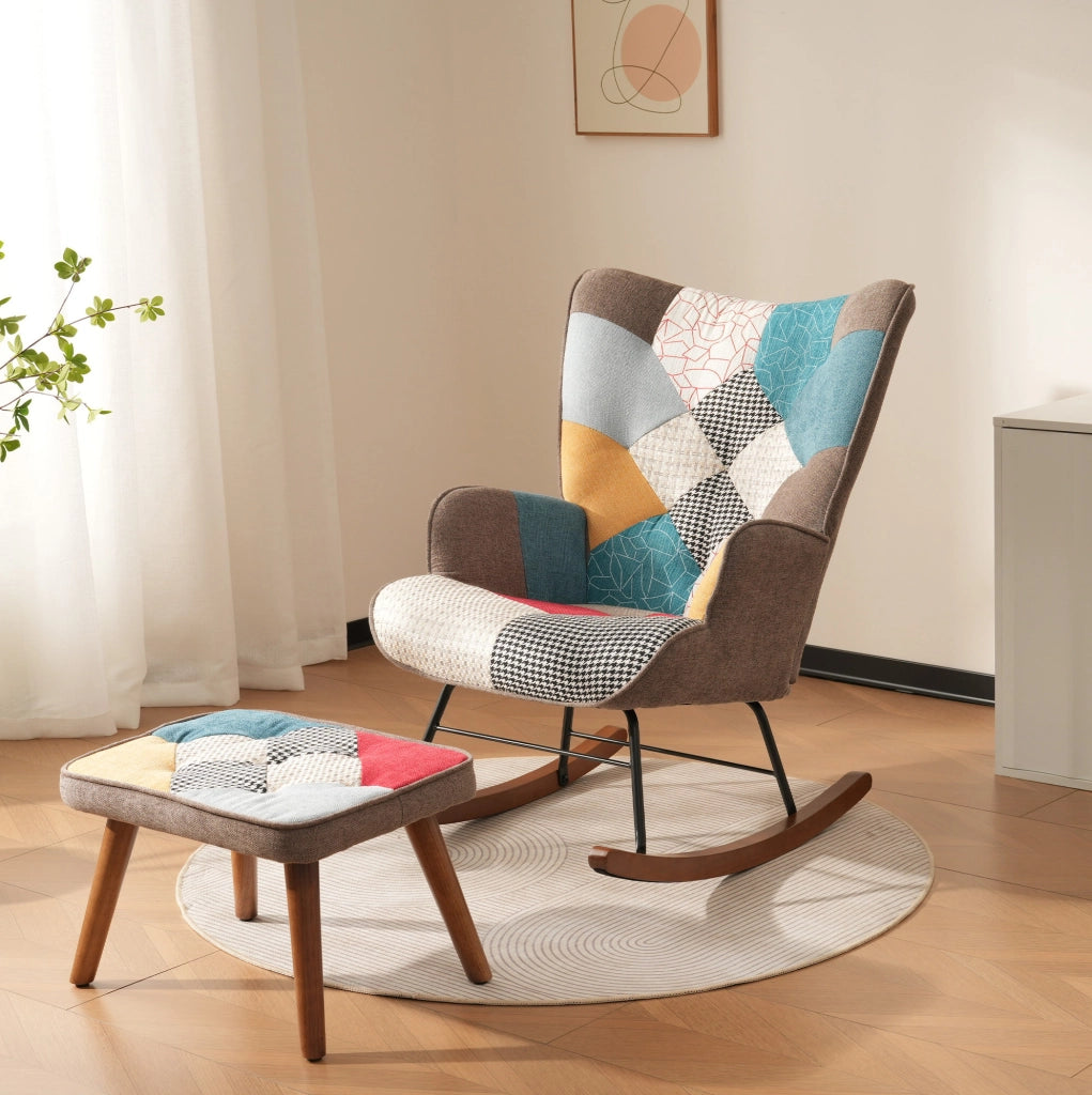 Sedia a dondolo con pouf patchwork, 69,5x50x88,5 cm, multicolore
