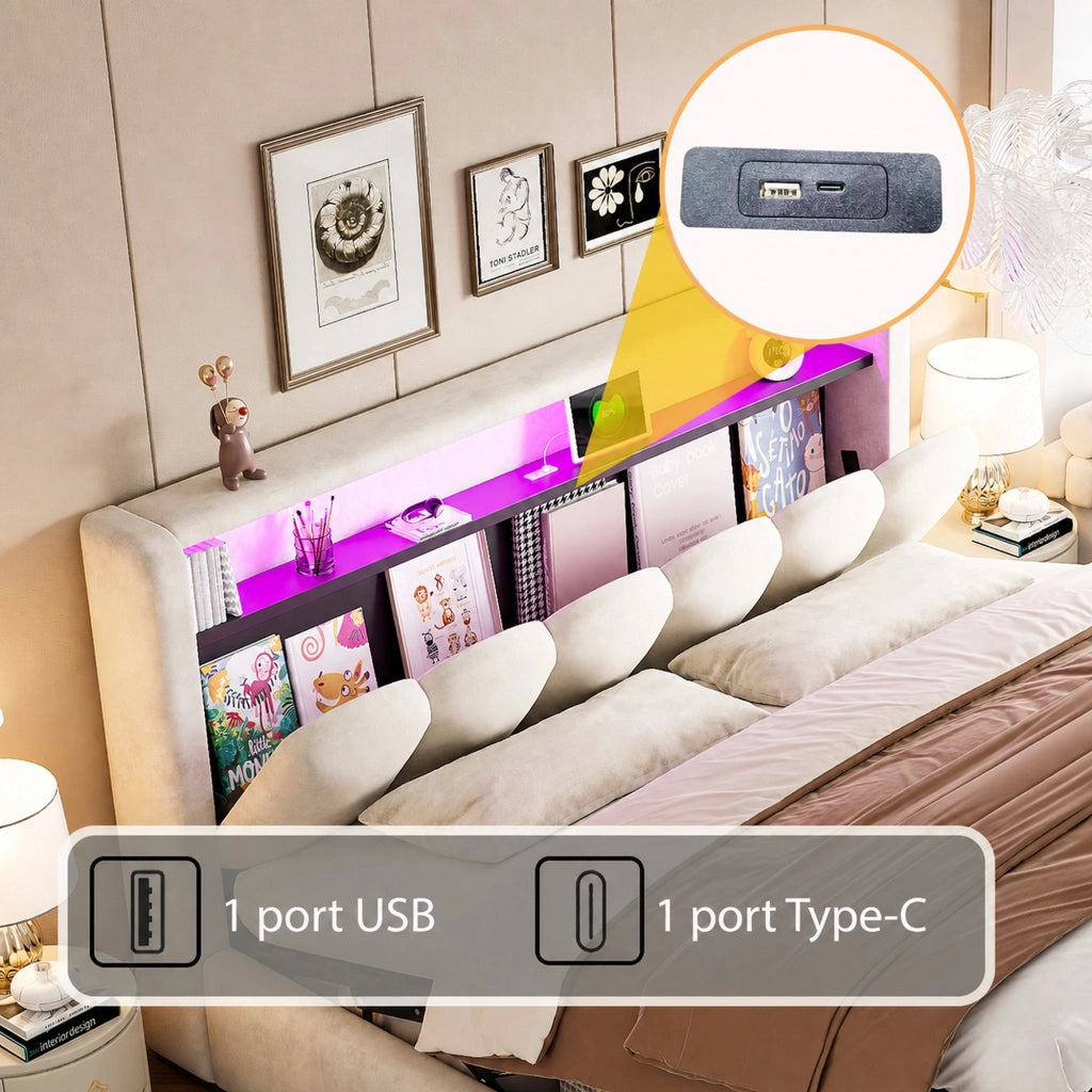 Letto contenitore 180x200 cm in velluto beige con LED, USB Type-C e vano portaoggetti