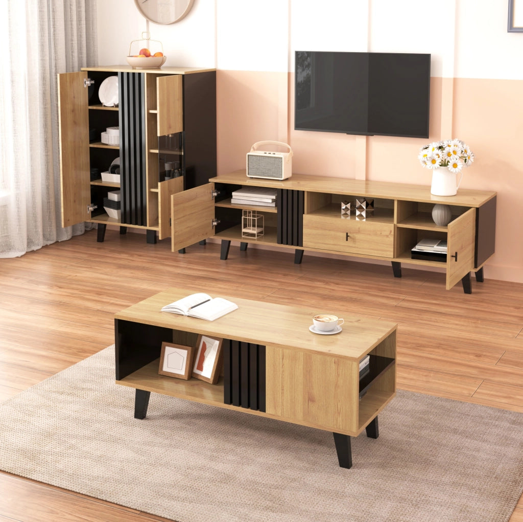 Credenza a tre ante con vetro e LED, design in legno e nero