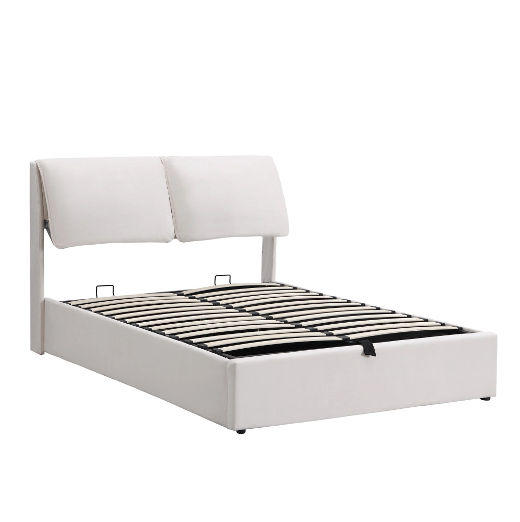 Letto imbottito 140x200 cm con contenitore; 3 cassetti; testiera; velluto beige