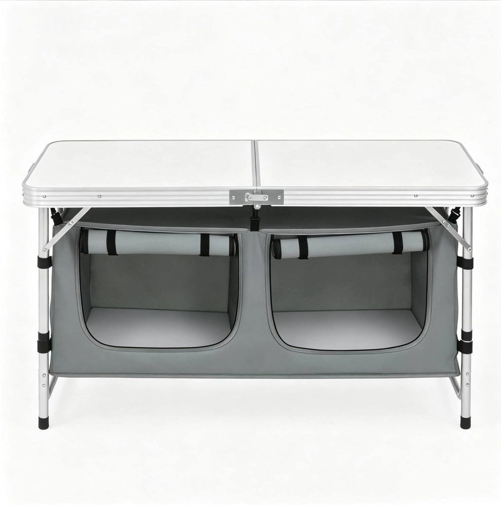 Tavolo da picnic pieghevole in alluminio con piano MDF, gambe regolabili, borsa portaoggetti in Oxford, 120x47 cm