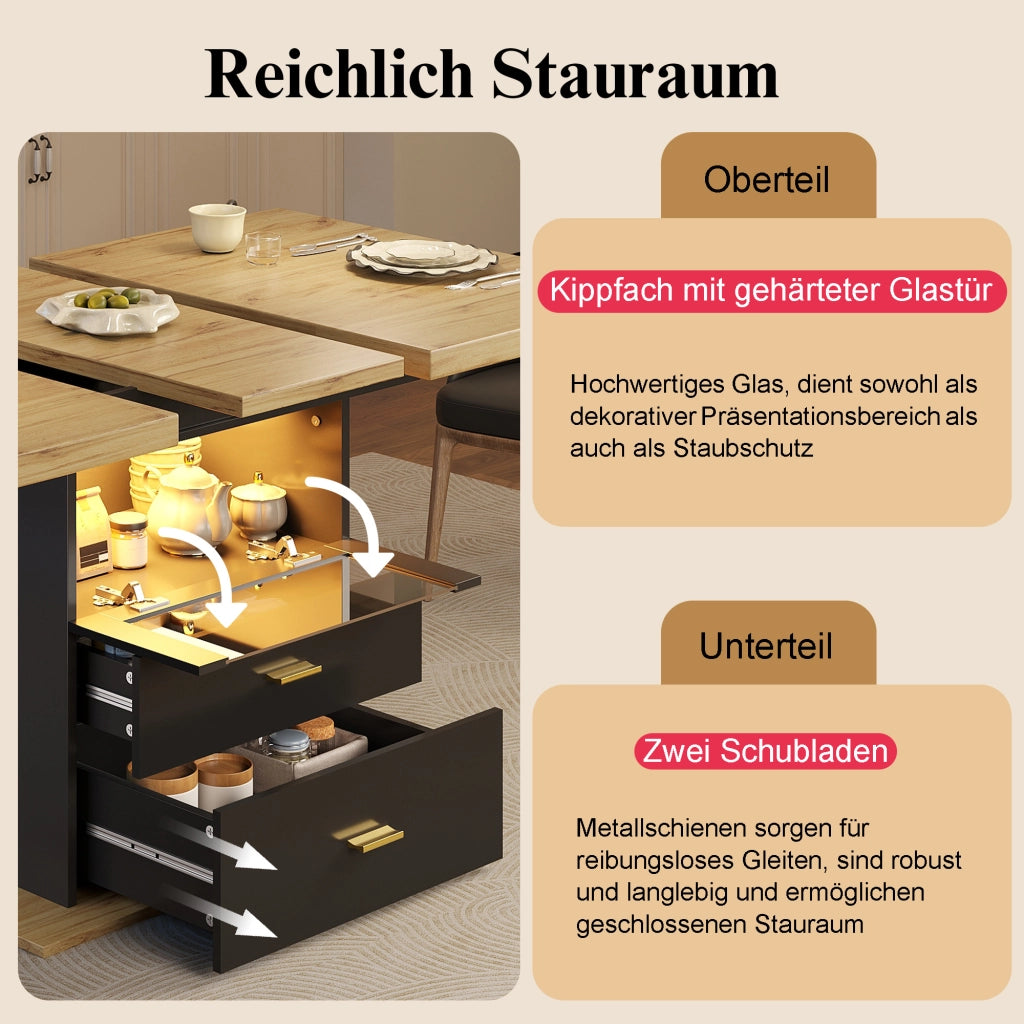 Tavolo da pranzo allungabile 110-140x80x75 cm, 6 posti, con illuminazione LED, per sala da pranzo, cucina o terrazza