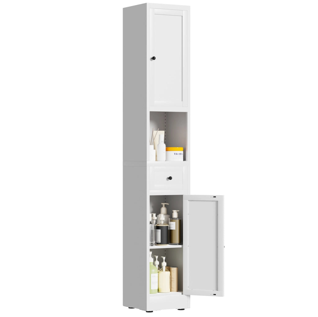 Mobiletto bagno bianco in metallo stretto con 5 ripiani regolabili e 2 ante, H 180 x L 30 x P 30 cm