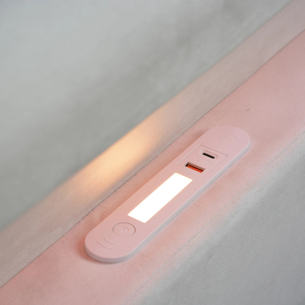 Letto singolo con contenitore 90 × 200 cm imbottito in velluto beige con LED; luce notturna; USB e rete a doghe