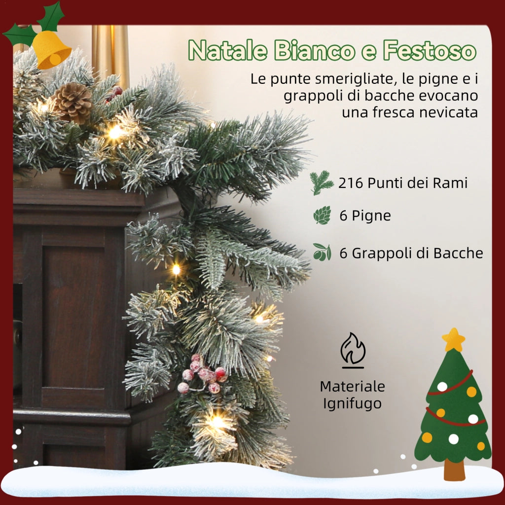 Ghirlanda Natalizia Decorativa da Interno 25x180cm con 50 LED Pigne e Bacche Verde e Bianco