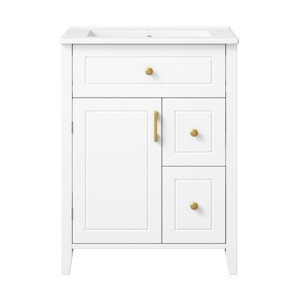 Mobile lavabo da terra 61 cm bianco lucido con lavabo in ceramica e maniglie dorate