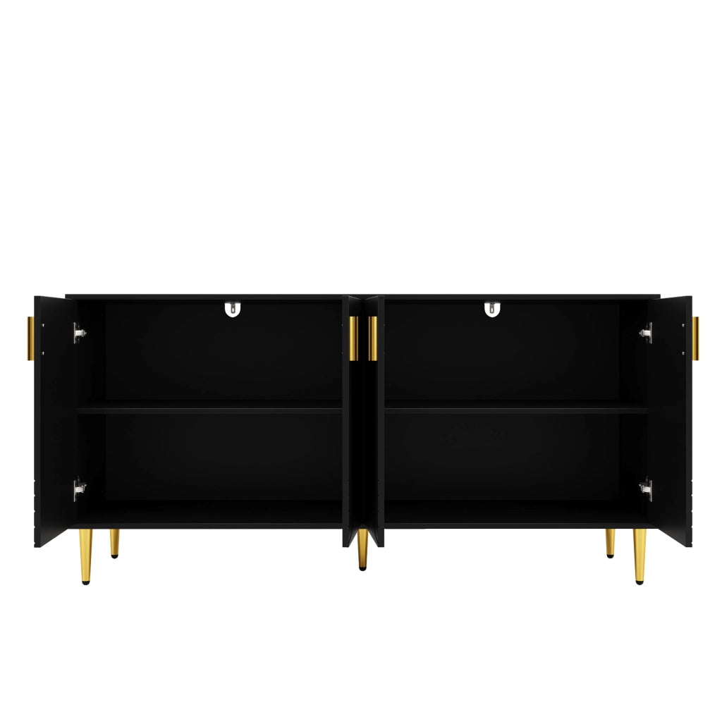 Credenza moderna 152x40x75 cm in MDF nero con frontali ondulati e maniglie dorate