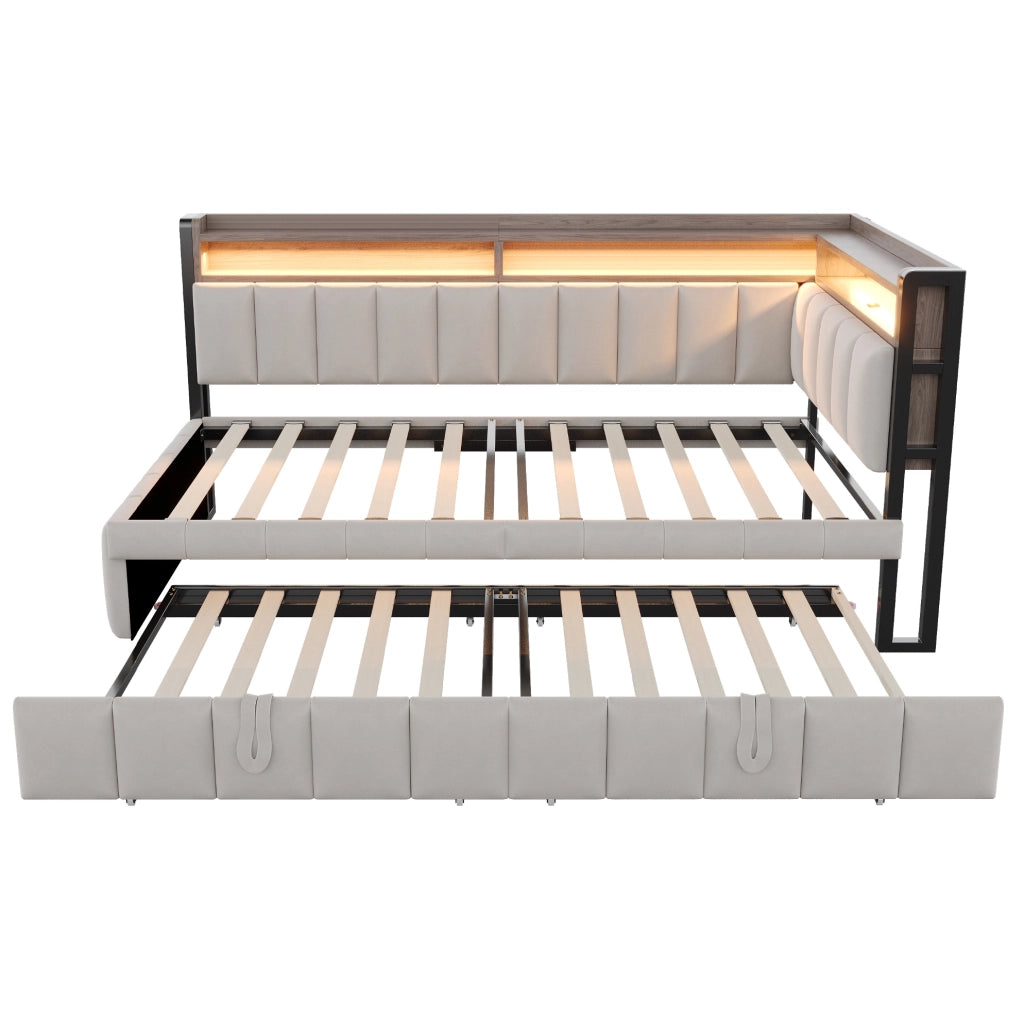 Divano letto estraibile 90x200 cm in velluto grigio chiaro con LED e USB-C