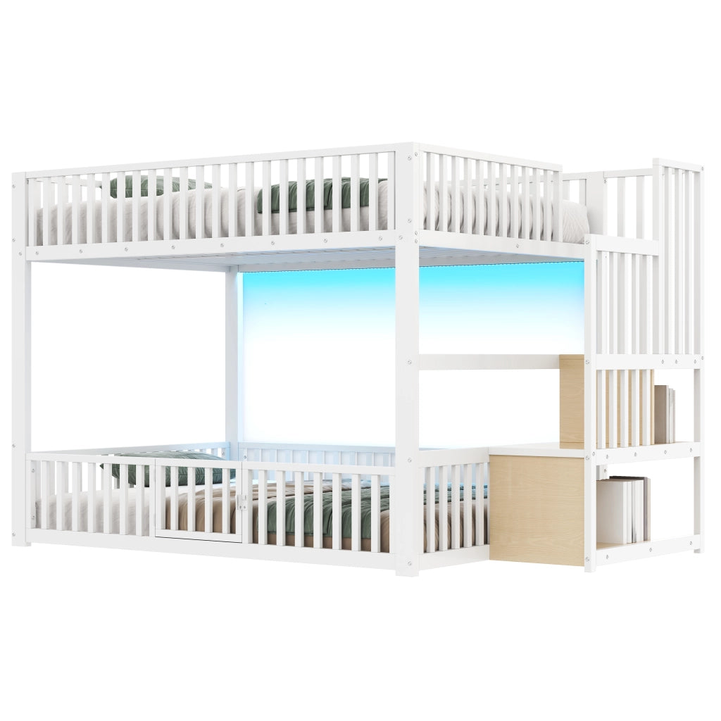 Letto a castello 140x200 cm con scala contenitore e LED, Bianco