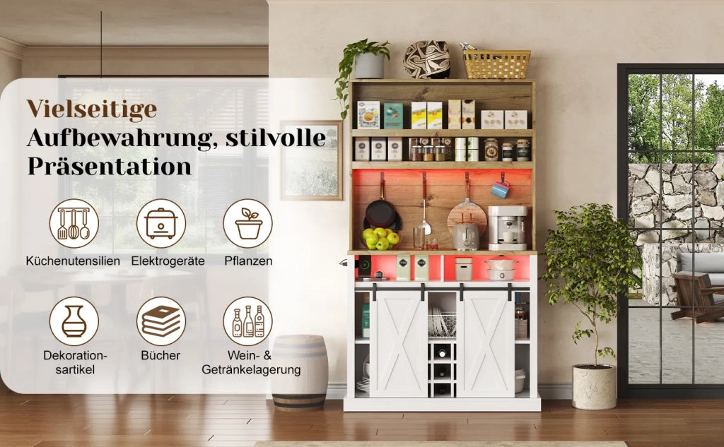 Armadio da cucina alto 191 cm con LED, presa, ganci, portabottiglie e vetrina per cucina e sala da pranzo