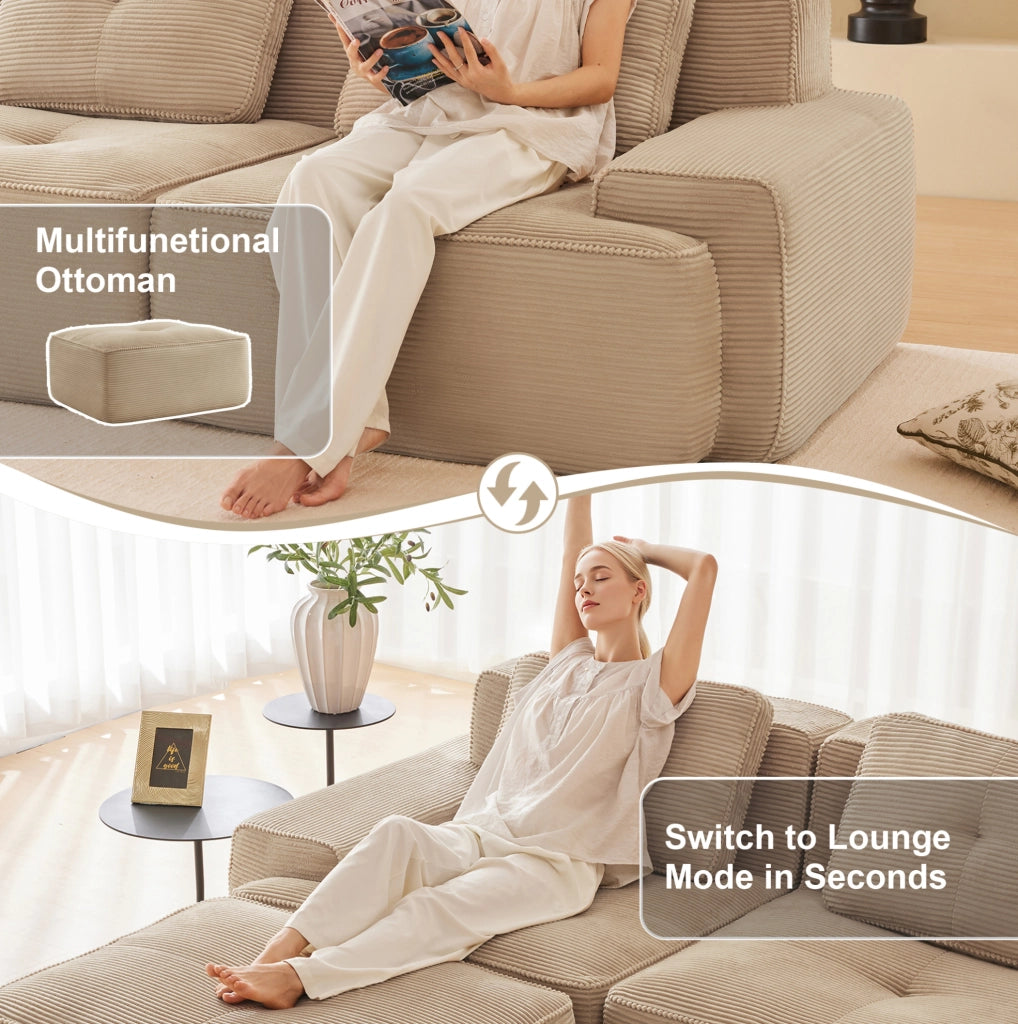 Divano modulare 4 posti con chaise longue a L, imbottito in velluto a coste beige senza braccioli