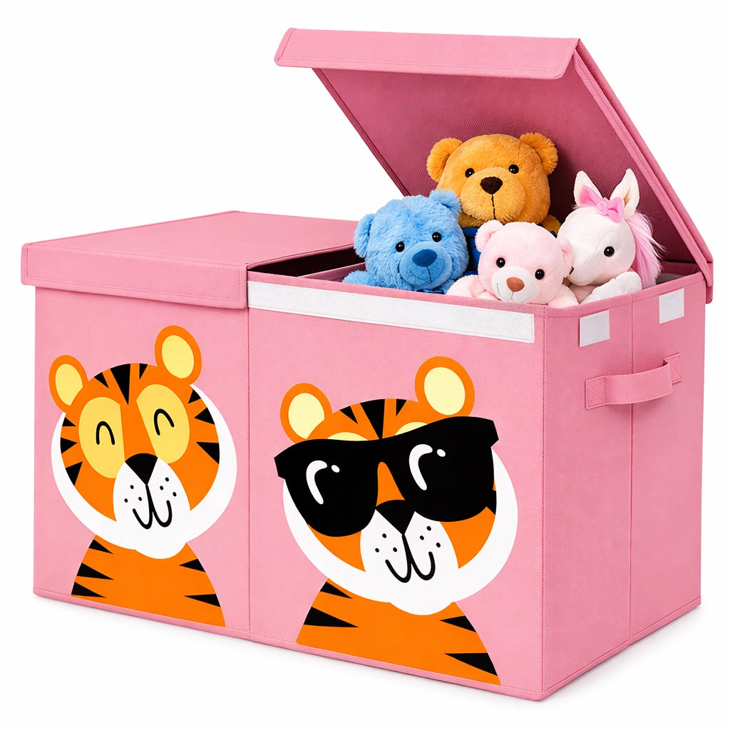 Contenitore Box 2 Scomparti Porta Giocattoli Pieghevole con Coperchio 80LT Organizer Rosa
