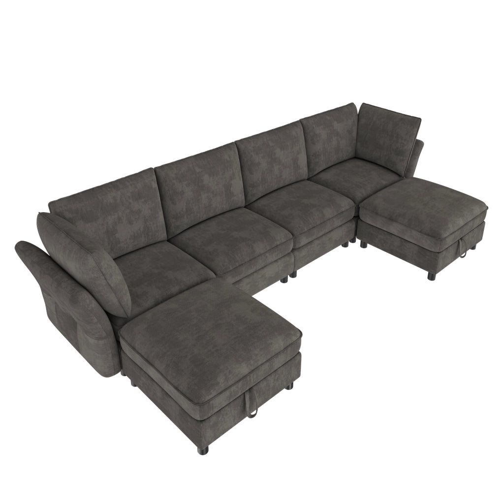 Divano modulare a U 6 posti con 2 pouf contenitore in ciniglia grigio