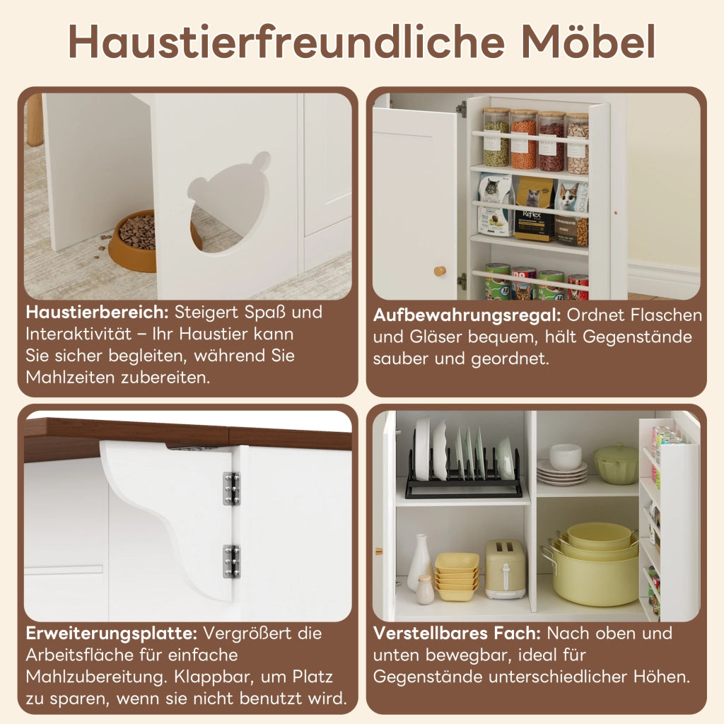 Mobile base da cucina con piano estraibile; 3 cassetti; portaspezie e area pappa per gatto in MDF bianco noce