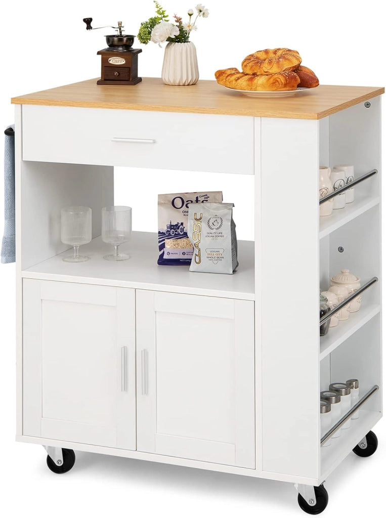Carrello da Cucina con Ruote, Isola da Cucina con 3 Portaspezie 1 Cassetto Armadietto a 2 Porte, Carrello Portaoggetti con Portasciugamani, 82x46x92 cm (Bianco)