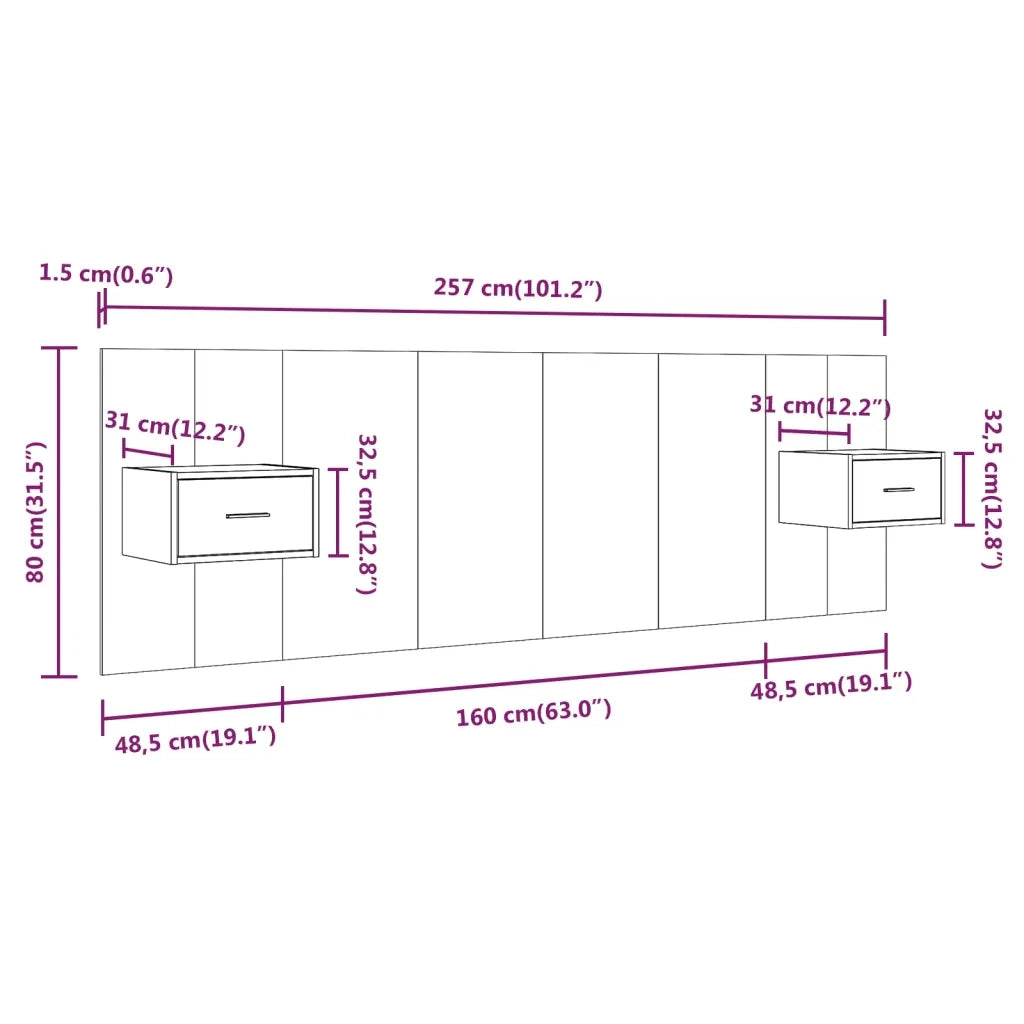Testiera Letto con Comodini-Testiera con Contenitore in Legno Multistrato Grigio Cemento 726355