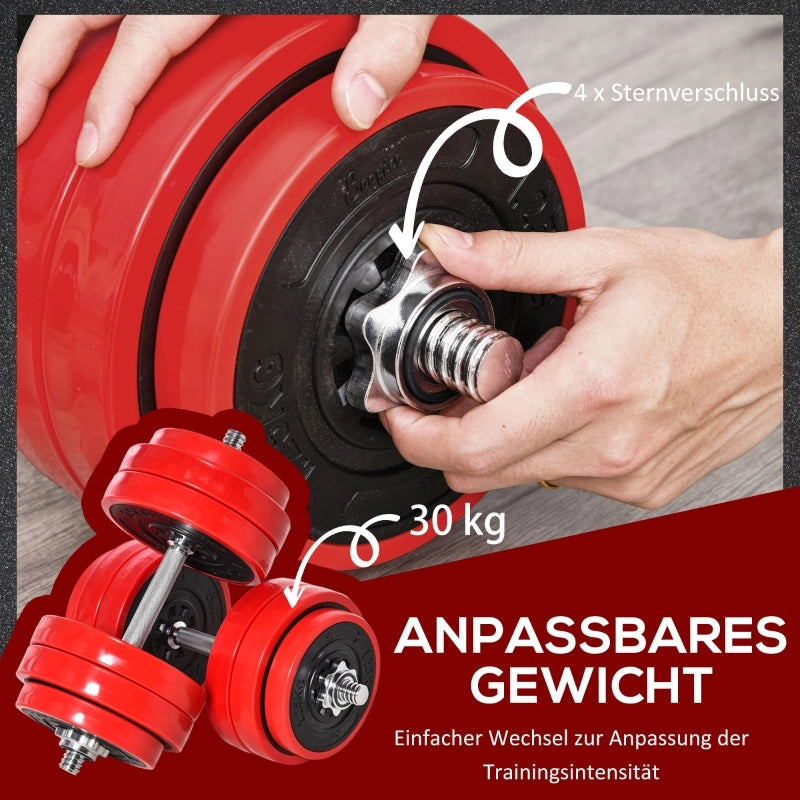 Set Manubri Regolabili 20/30 kg, 2-in-1 Manubri e Bilanciere, Acciaio/PP/Sabbia, Rosso/Nero, 21,5x21,5x3,8 cm, Fitness Casa