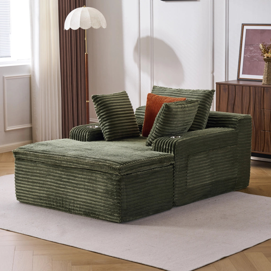 Divano con chaise longue pieghevole senza montaggio in velluto a coste verde