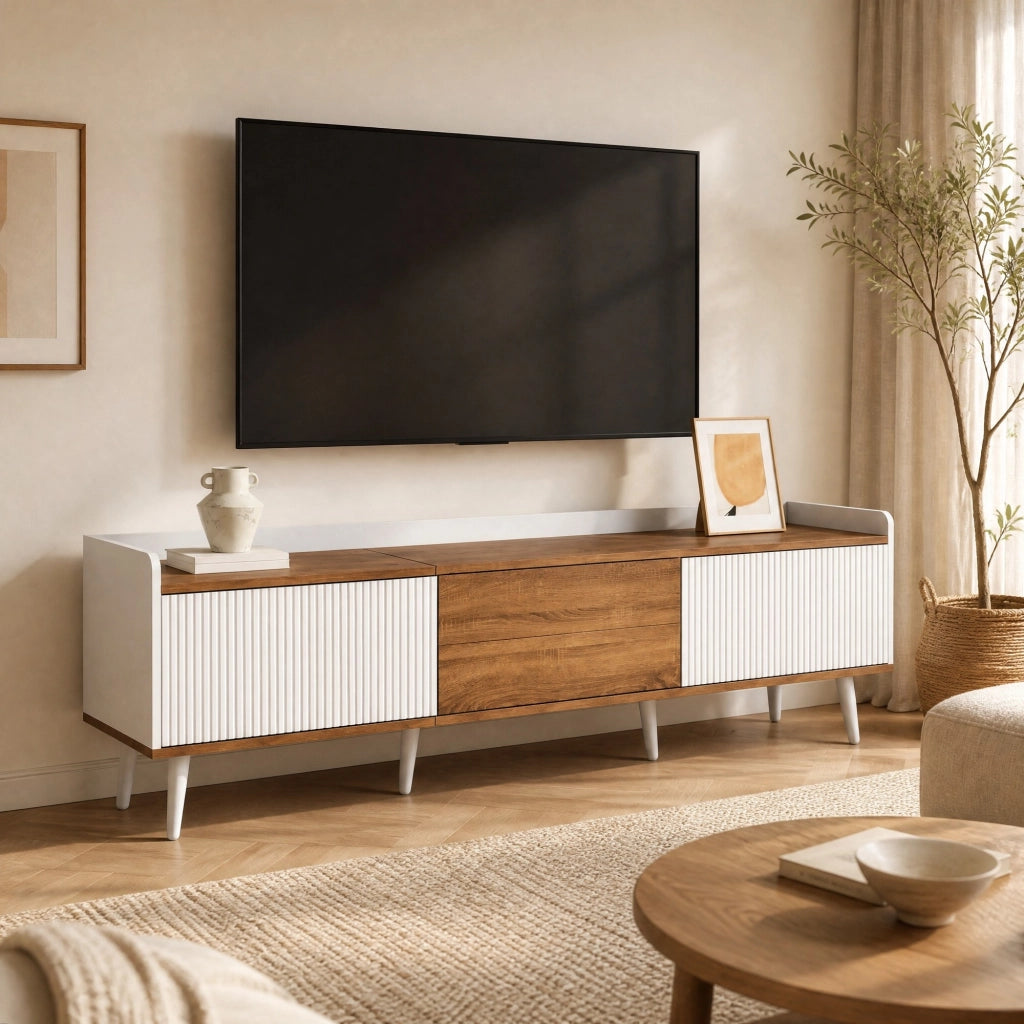 Mobile TV a 3 ante con struttura compatta, finitura bianco e legno naturale, 160 x 39 x 49,5 cm