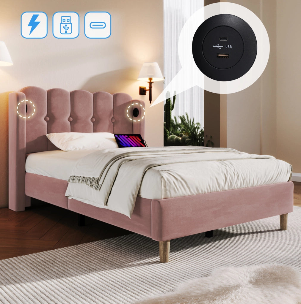 Letto imbottito singolo 90x200 cm in velluto rosa con USB e Type-C