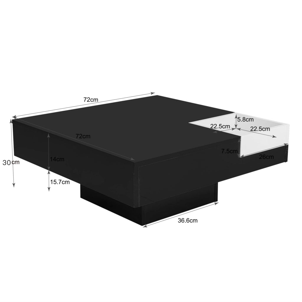 Tavolino da caffè 72x72x30 cm in truciolare nero e bianco lucido con box portaoggetti e LED