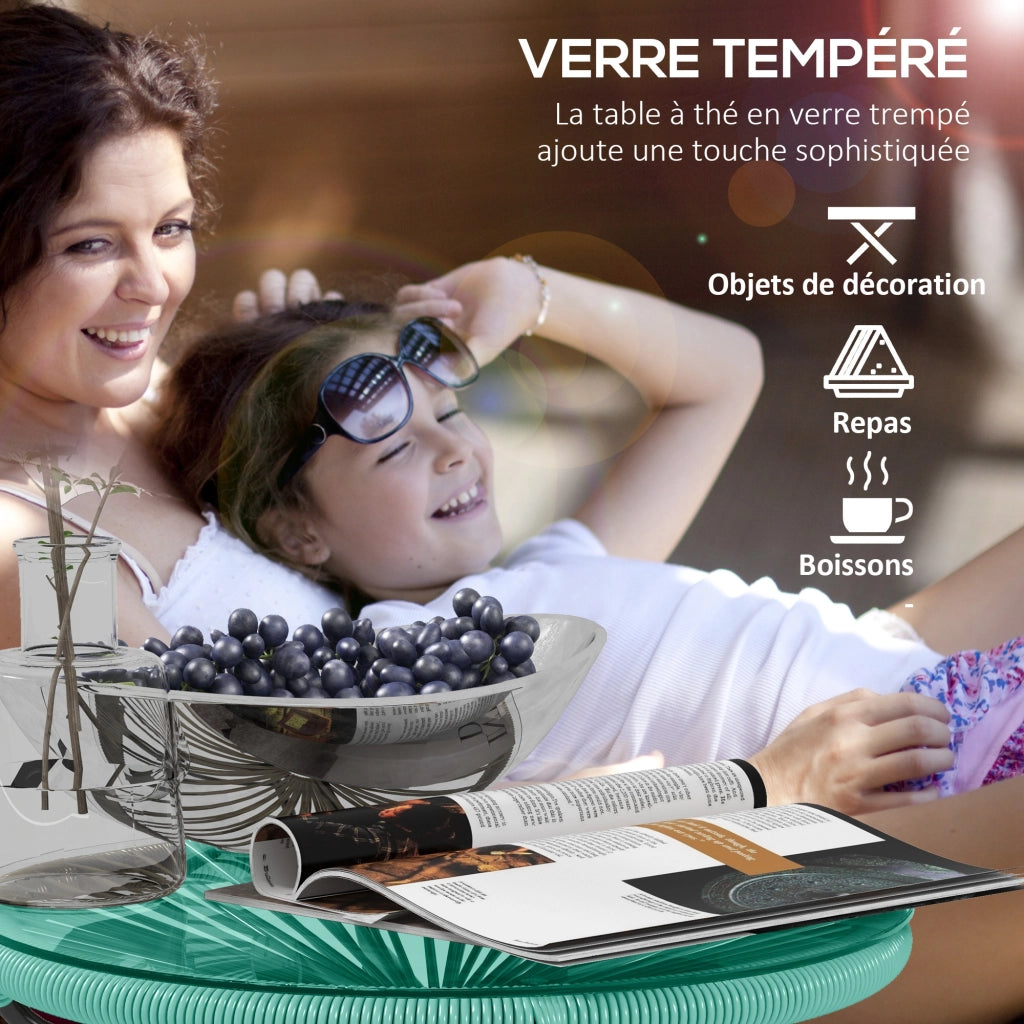 Tavolino da Giardino Tondo in Rattan PE e Metallo con Piano in Vetro Temperato, Tavolino da Salotto da Esterno Ø 50 x 50H cm