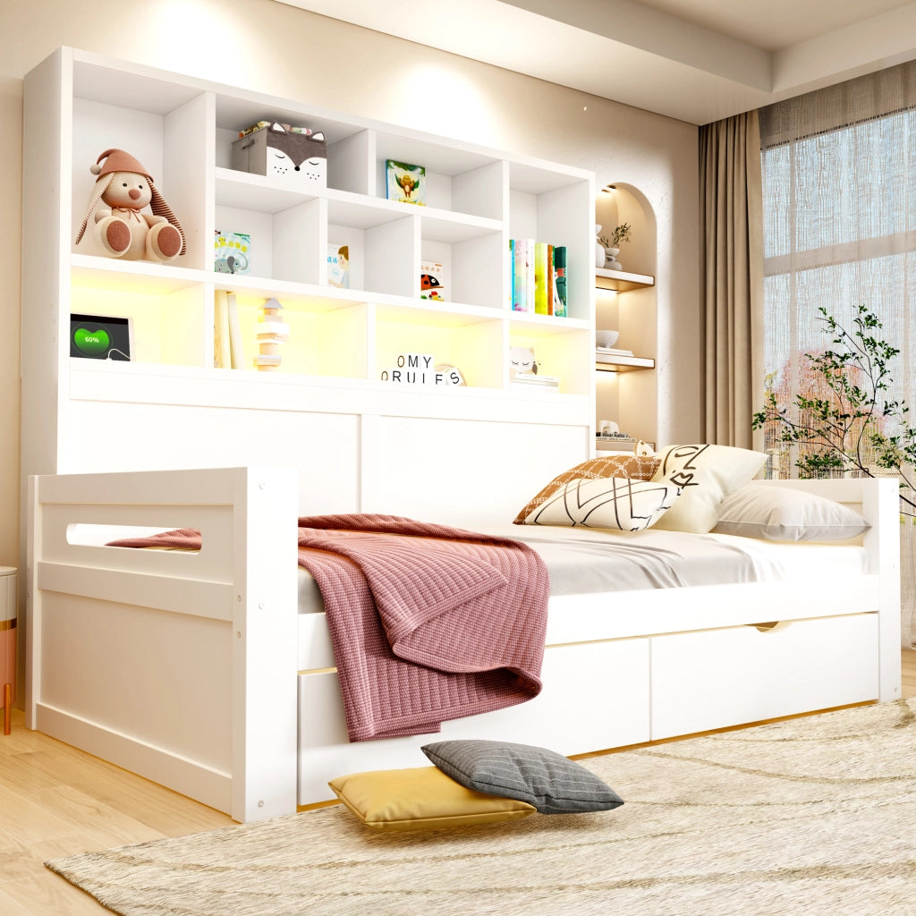Letto con cassetti 90 × 200 cm con testiera a ripiani LED e prese elettriche in MDF bianco