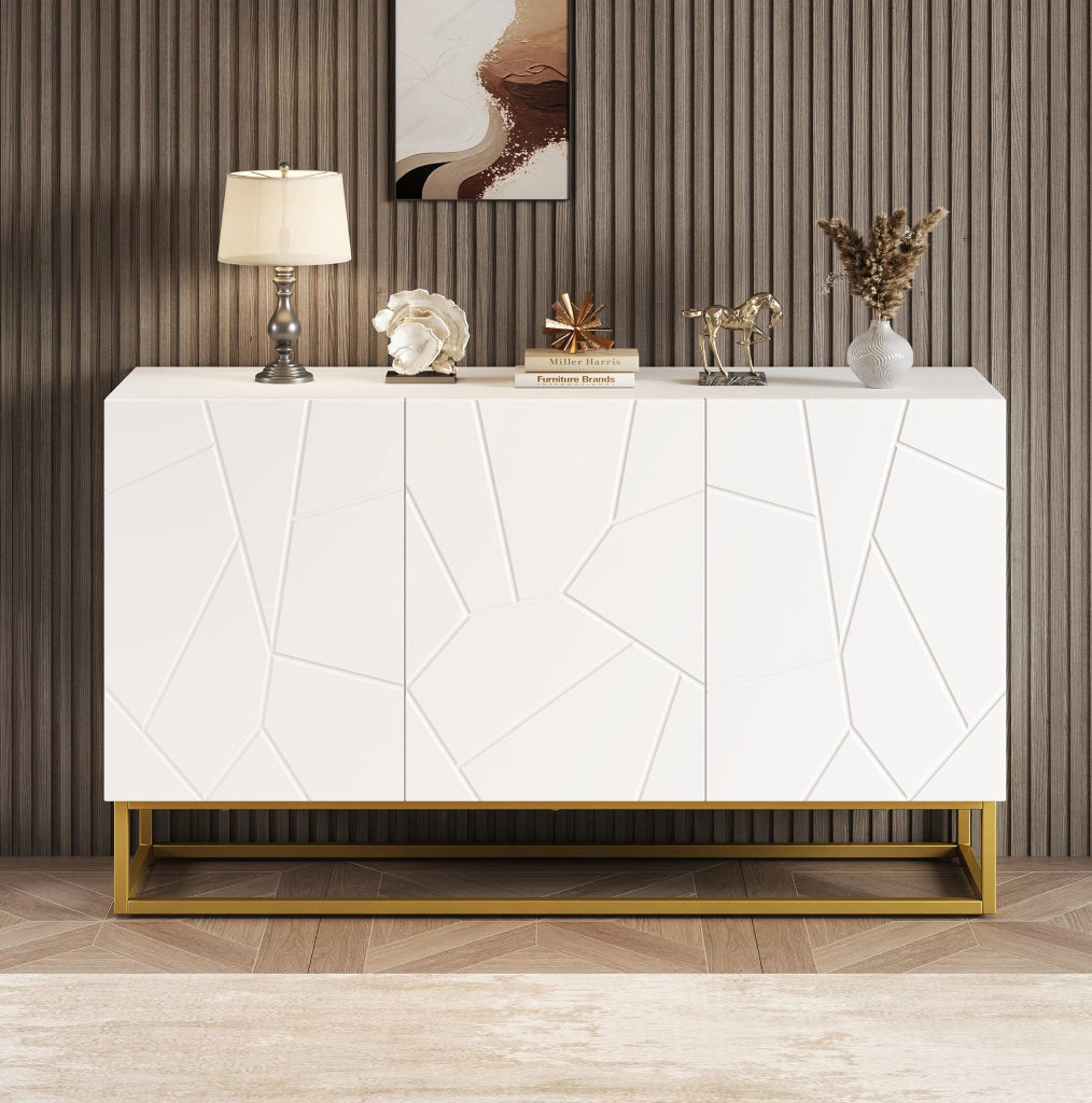 Sideboard moderno bianco in truciolato lucido 130x38x76 cm con 3 ante e ripiani regolabili