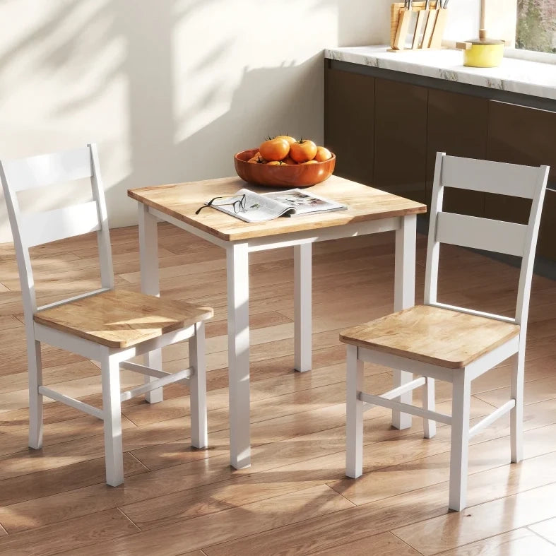 Set da 2 Sedie da Cucina in Legno di Caucciù con Schienale a Doghe Curvo, Bianco