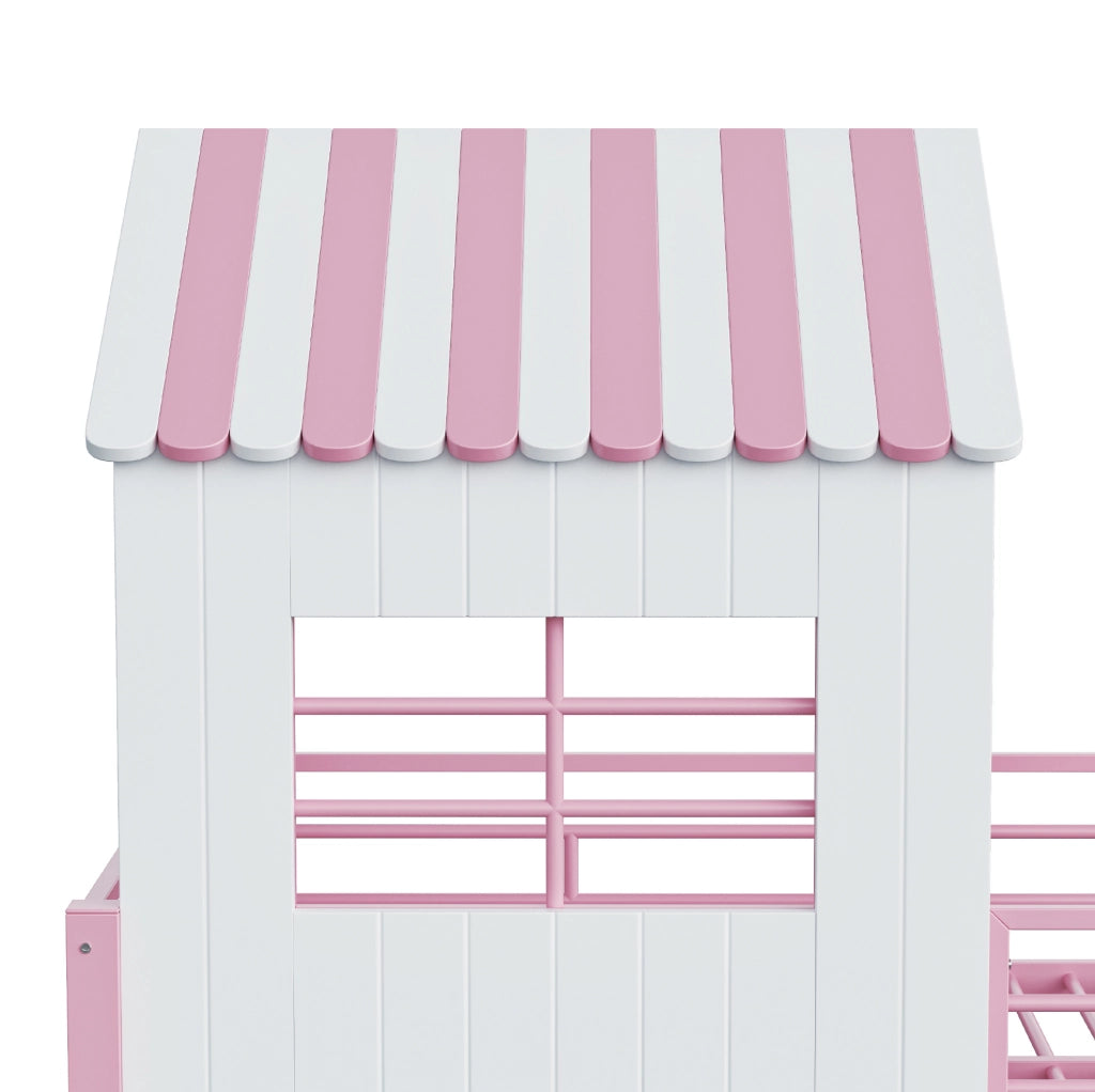 Letto a soppalco in ferro 90x200 cm con sponda alta, scala sicura reversibile e scaffalatura multi-livello, colore rosa