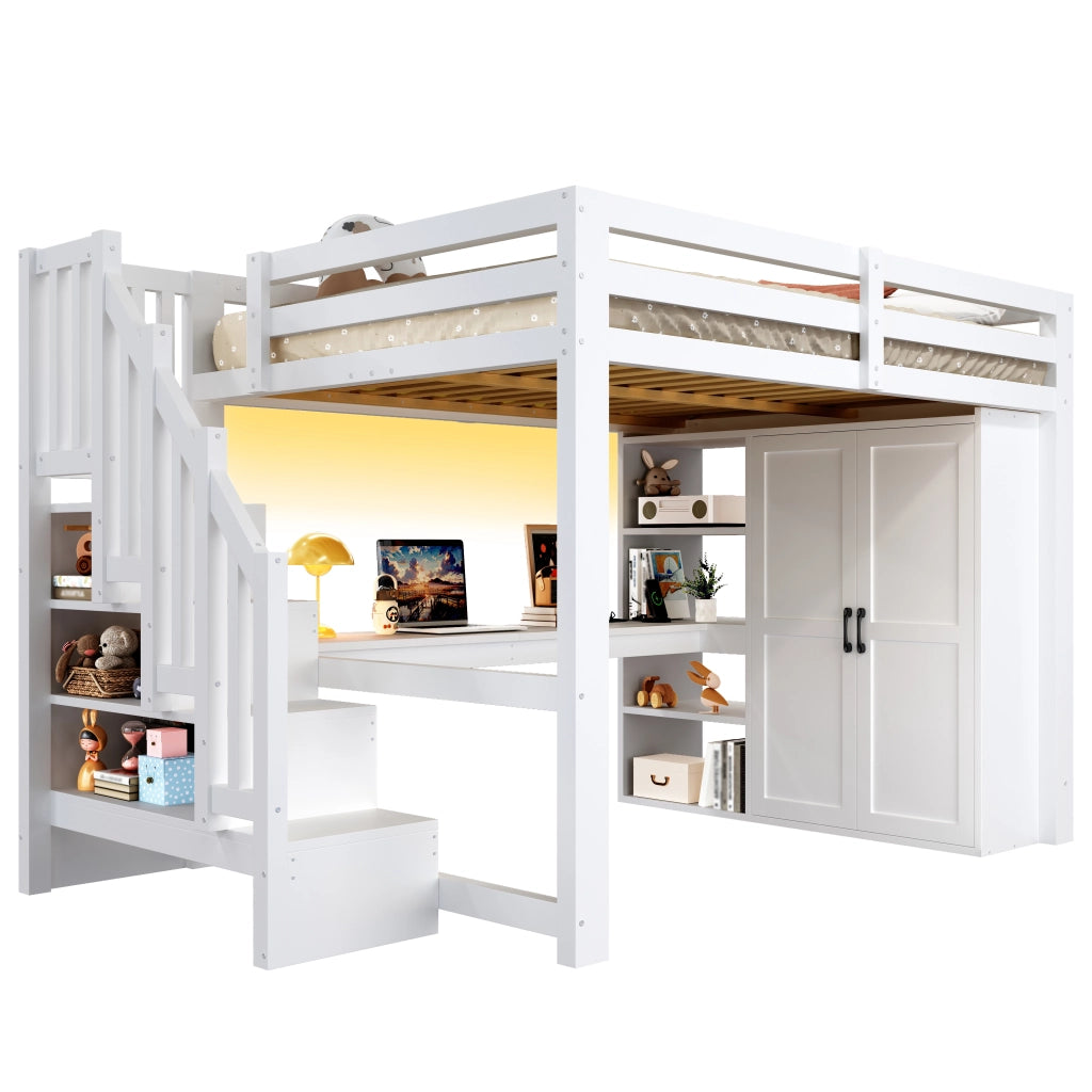 Letto a soppalco 140x200 con scrivania; armadio e LED; bianco