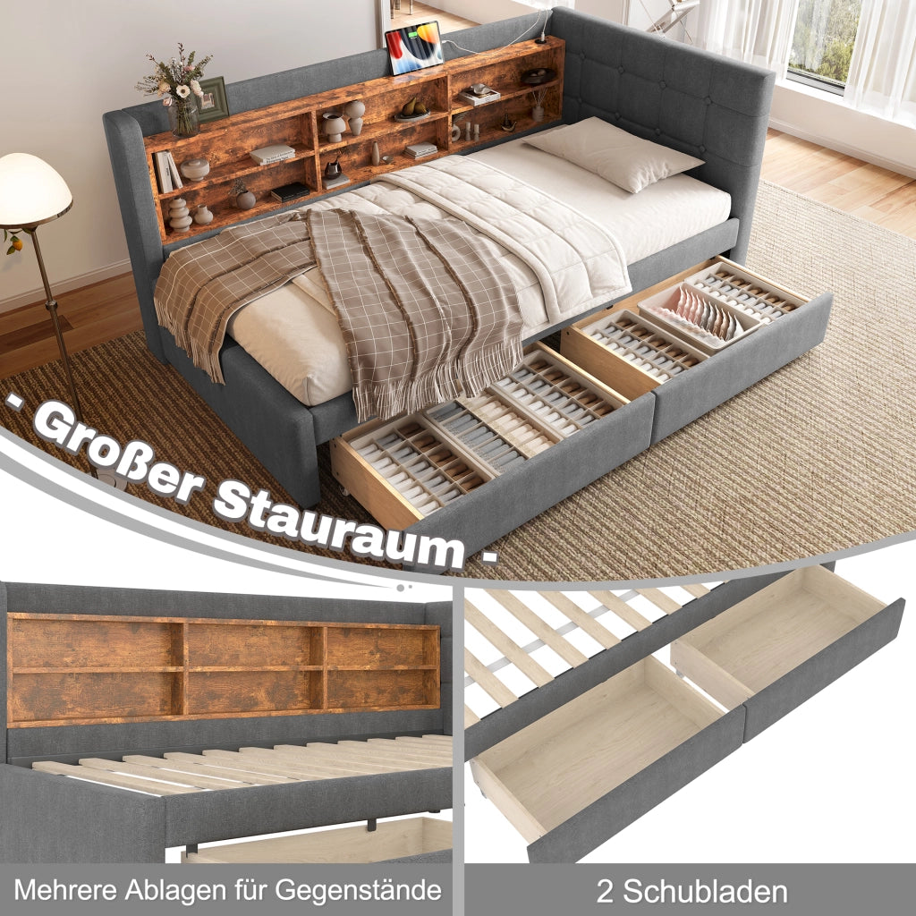 DESMIU Letto singolo 90 × 200 cm con 2 cassetti, USB, Type-C e ripiani, senza materasso, in lino, grigio
