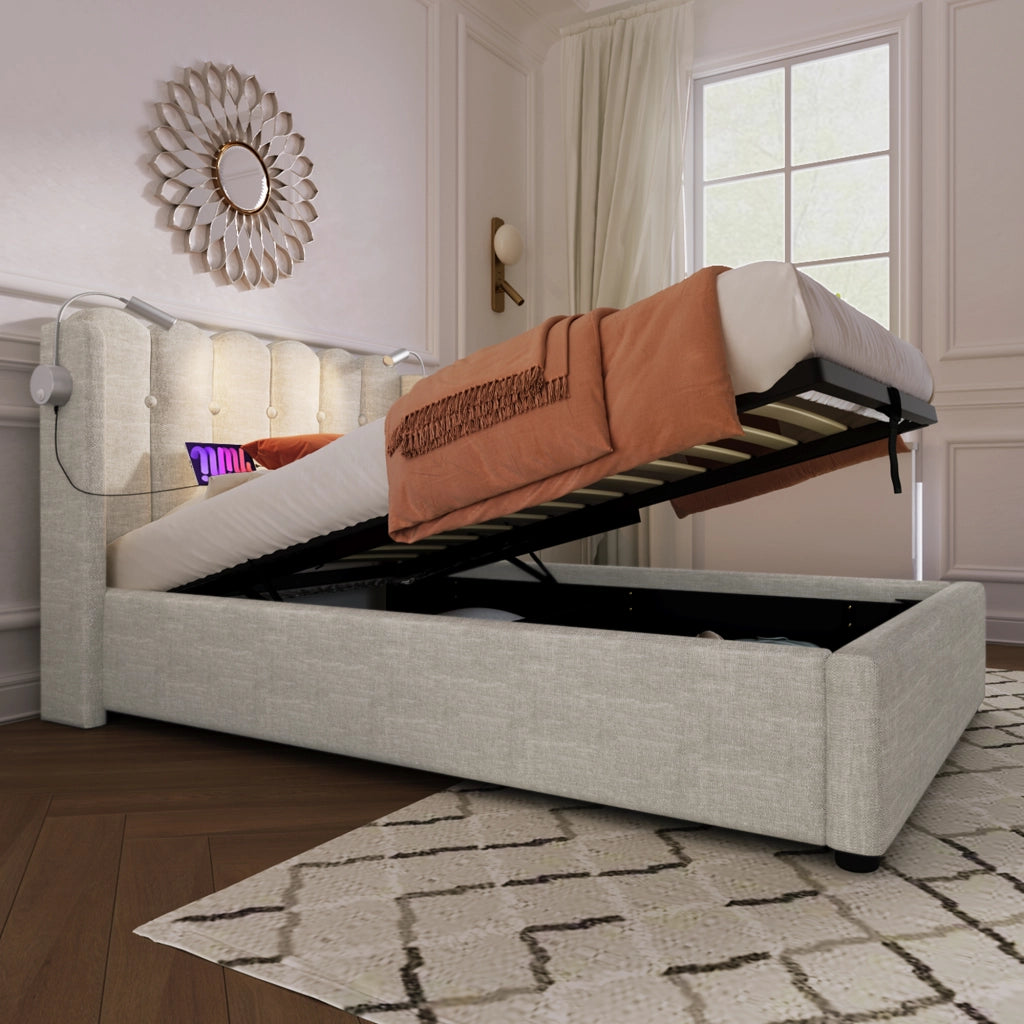 Letto Singolo 90x200 cm; Letto con Contenitore; Luce da Lettura e USB in Lino Beige