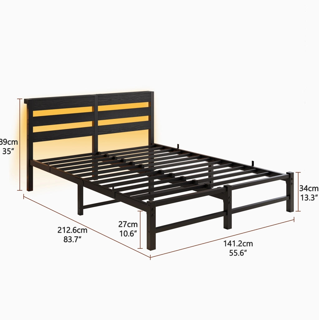LETTO 140x200 cm in Metallo Nero con LED RGB, USB e spazio sotto letto