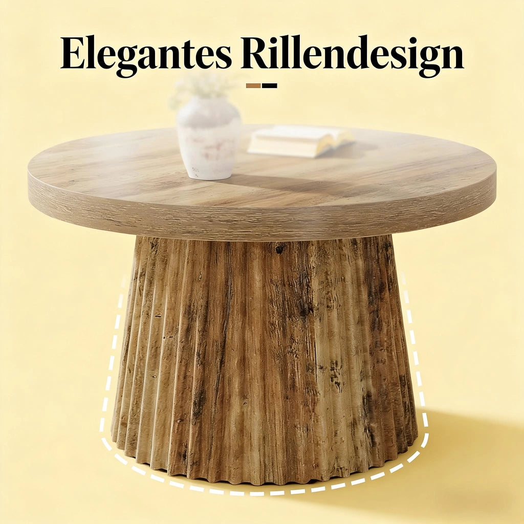 Tavolino da salotto rotondo con base a colonne scanalate, stile moderno, in MDF marrone, per soggiorno, diametro 80 cm