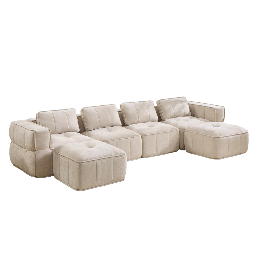 Divano modulare senza struttura 344x162x67 cm con pouf, tessuto in poliestere beige