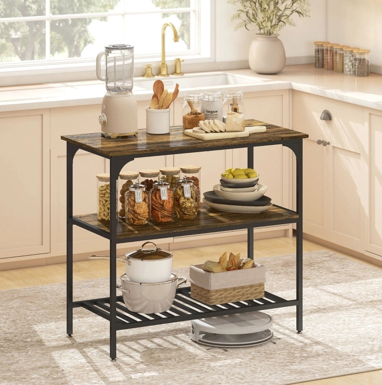 Scaffale da cucina ULEVR 100x50 cm a 3 livelli con ripiani e griglia in acciaio, marrone rustico