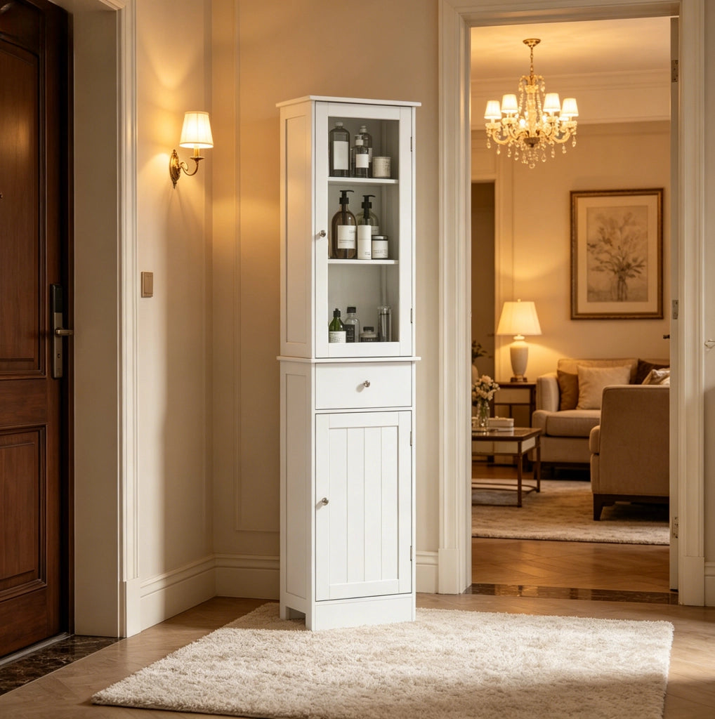 Mobiletto alto da bagno bianco in MDF con ante acriliche e cassetto