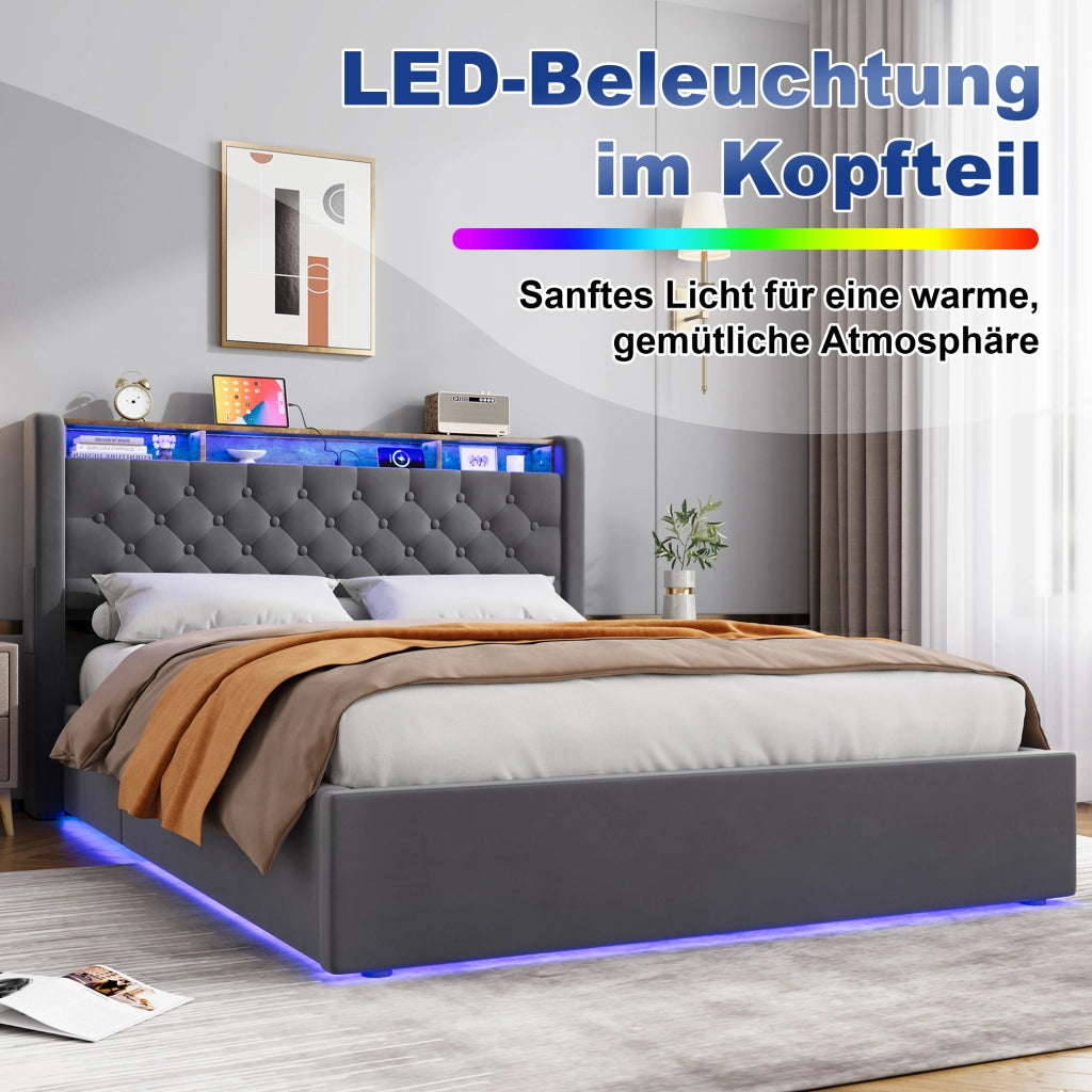 Letto imbottito 140 × 200 cm con contenitore, mensola testiera, LED e porte USB in velluto holland grigio